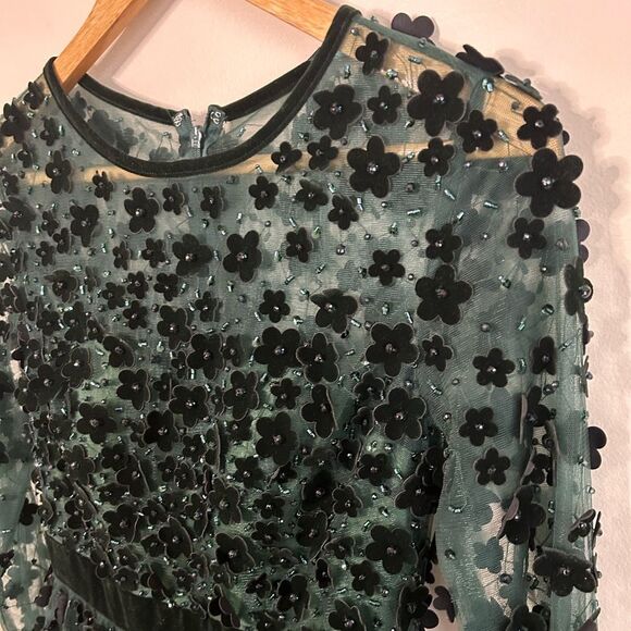 Mac Duggal Emerald Floral Embossed Illusion Midi Dress 67007 Size 4 - Picture 4 of 10